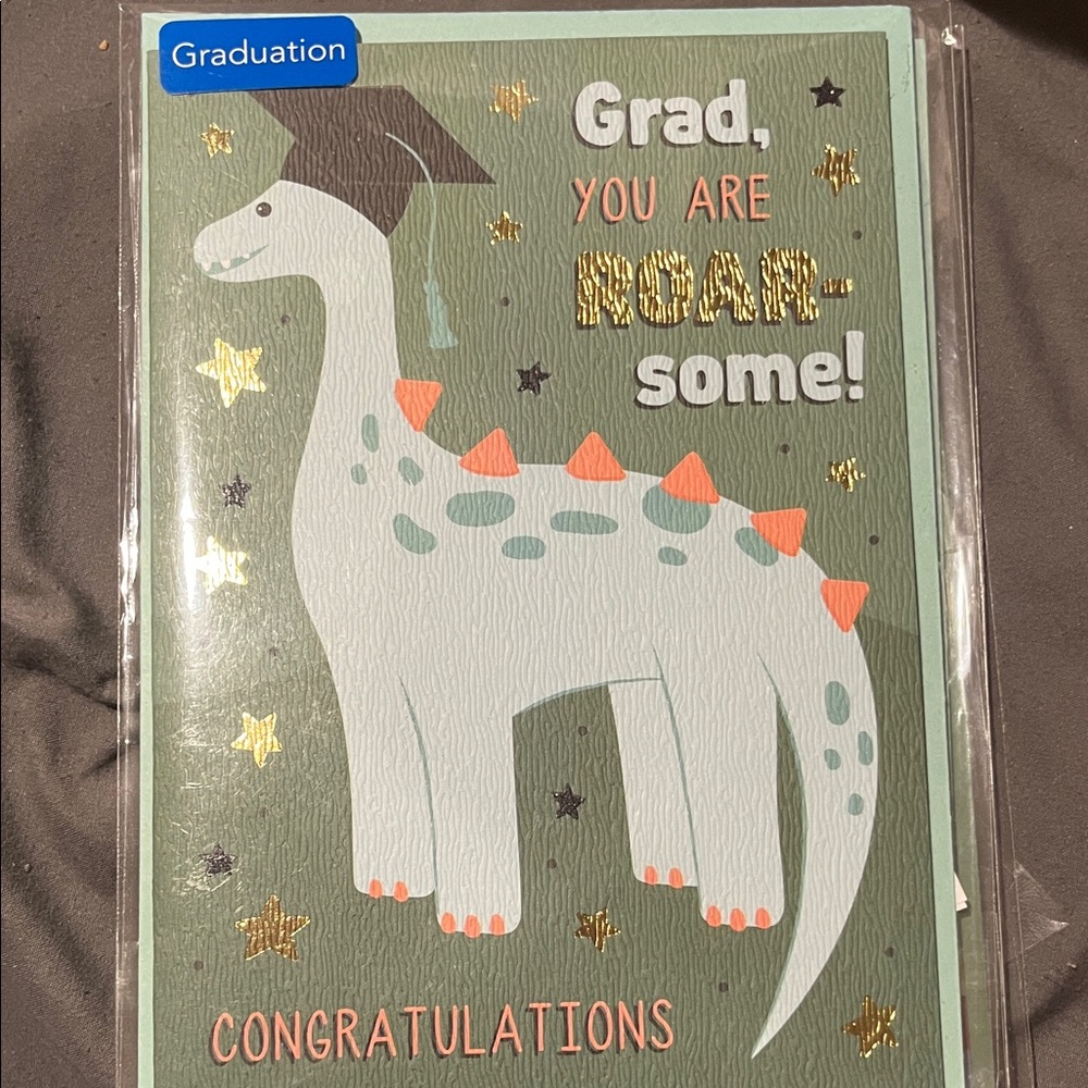Dinosaur Graduation Card - Green and Gold